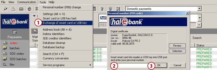 Exchange of Smart Card or USB Key If you would like to continue your work with a different smart card or USB key, you can do that without the need to close down Hal E-Bank and start it again.