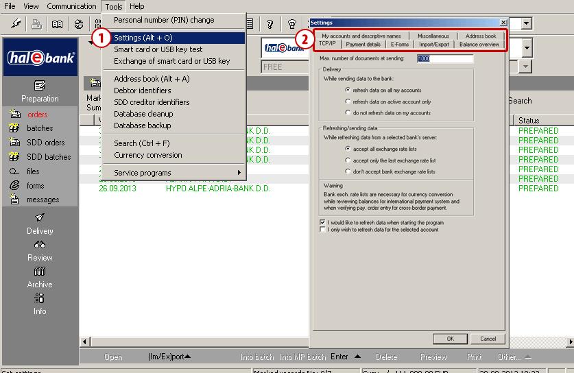 Settings The Hal E-Bank program enables you to set functions which will make your work easier. 1 Select the command Tools > Settings or the command Alt + O.