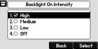 User Guide for the SoundPoint IP 650 Desktop Phone To modify the backlight intensity: 1. Press. 2.