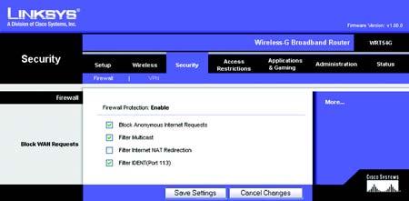 The Security Tab - Firewall Firewall Protection. This feature employs Stateful Packet Inspection (SPI) for a more detailed review of data packets entering your network environment. Block WAN Requests.