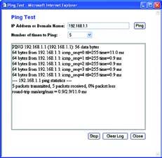 Enter the address of the PC whose connection you wish to test and how many times you wish to test it. Then, click the Ping button. The Ping Test screen will then display the test results.
