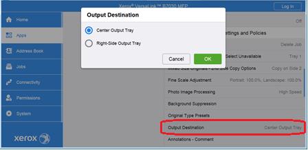 Select Output Destination Selections are Center Output Tray (default) or Right-Side Output Tray (finisher). Figure 1: Output Destination shown when optional Office Finisher LX is installed.