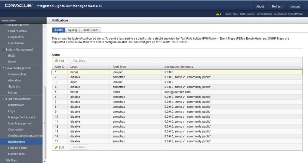Manage SNMP Trap Alerts The Alert Settings page appears. This page shows a table of the alerts that you can configure.