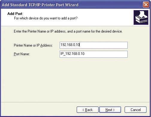 TCP/IP Printing for Windows 2000 (continued) Click Next Type in the IP address of the Print Server in the Printer Name or