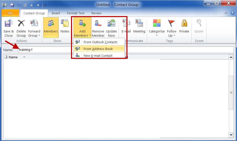 7. The Contact Group dialog box displays. 8. In the Name: field, enter the name of the group. 9.