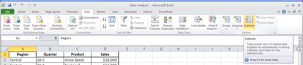 Sub total Total several rows of related data together by automatically inserting subtotals