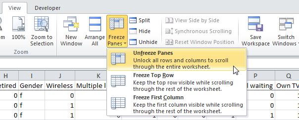 the following steps. 1. On the View tab, click Freeze Panes, Freeze Top Row. 2. Scroll down to the rest of the worksheet.