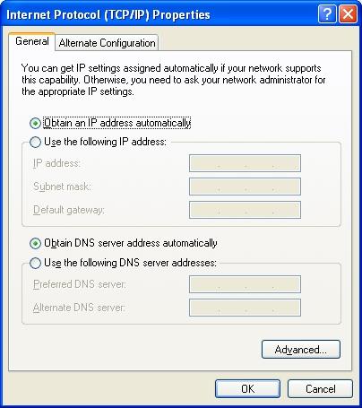 For Windows XP OS Select Obtain an IP address automatically