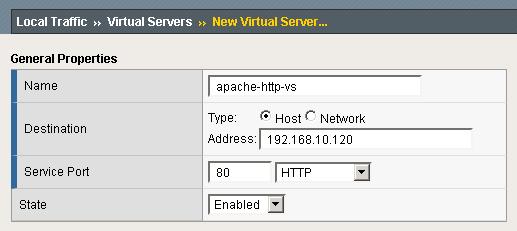 5. In the Address box, type the IP address of this virtual server. In our example, we use 192.168.10.120. 6. In the Service Port box, type 80, or select HTTP from the list.