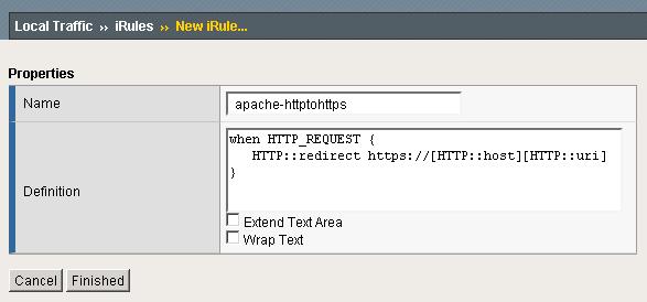3. In the Name box, enter a name for your irule. In our example, we use apache-httptohttps. 4.