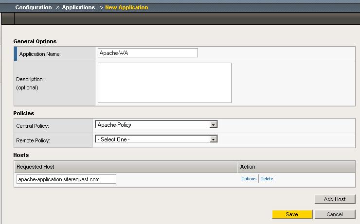 Figure 11 Configuring an Application on the WebAccelerator The rest of the configuration options on the WebAccelerator are optional, configure these