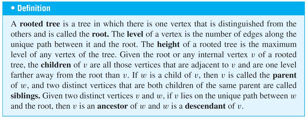 Rooted Trees The number of edges in such a path is called the level of v, and the height of the tree is the length of the