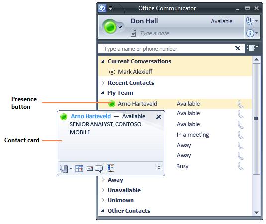Microsoft Office Communicator 2007 R2 Getting Started Guide 19 contact, including the ability to start an instant messaging session, call the contact, schedule a meeting, or e-mail the contact, as
