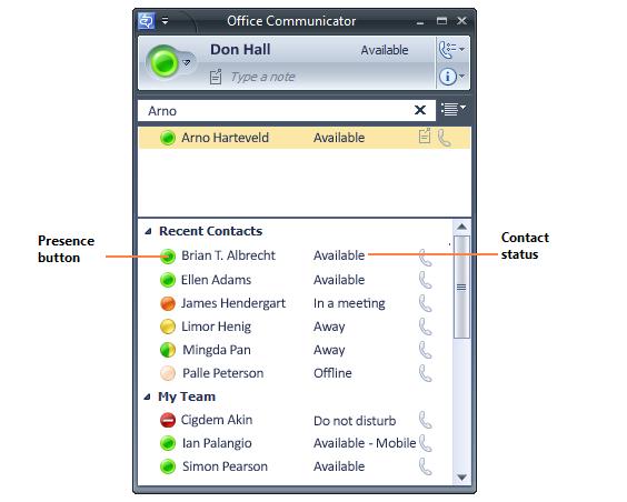 Microsoft Office Communicator 2007 R2 Getting Started Guide 29 Chapter 5: How to Contact Others Each contact in your Contact List has a Presence button that reflects his or her current state of