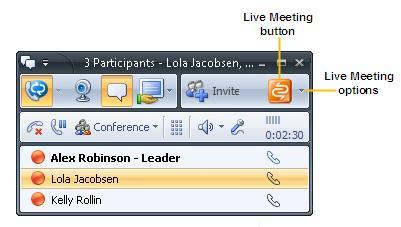 52 Microsoft Office Communicator 2007 R2 Getting Started Guide Click the Live Meeting button in the Conversation window to start a Live Meeting session and to send a Live Meeting invitation to all
