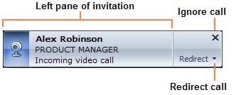 72 Microsoft Office Communicator 2007 R2 Getting Started Guide To receive an audio/video call Click the left pane of the Video Call invitation alert, as shown in Figure 15.2. Figure 15.2. The Video Call invitation alert When you accept a Video Call invitation, the Communicator Conversation window opens and shows the caller s video stream, as shown in Figure 15.