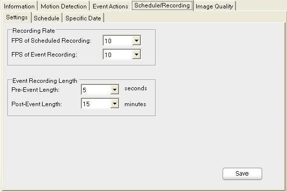 E.2.4.2.5. Device Setting Schedule/Recording (Settings) [Description] Recording Rate: Set the recording frame rate, in frames per second (FPS).