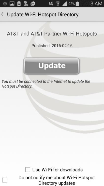 If you wish to update the hotspot list without waiting for a notification, such as prior to travelling, tap Update Wi-Fi Hotspot Directory to update the list of hotspots stored in your device to the