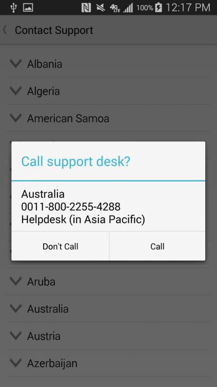 Tapping the country will bring up a list of contact numbers. Select the category that applies to you.