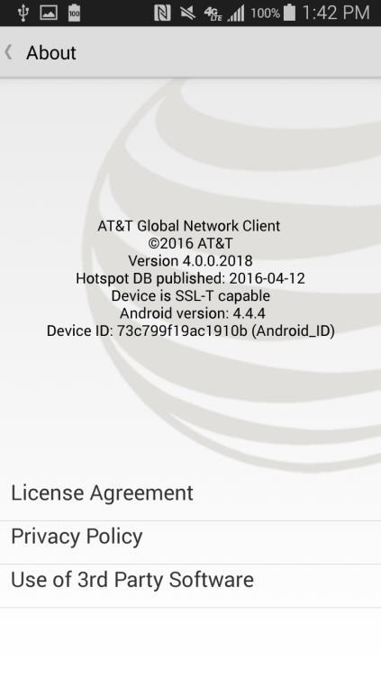 About If you would like to find out what version of the AT&T Global Network Client for Android you are currently running or if you would like to