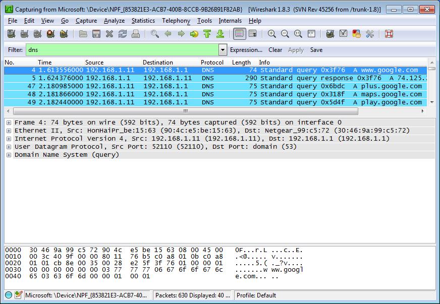 a. Click the Windows Start button and navigate to the Wireshark program. Note: If Wireshark is not yet installed, it can be downloaded at http://www.wireshark.org/download.html. b. Select an interface for Wireshark for capturing packets.