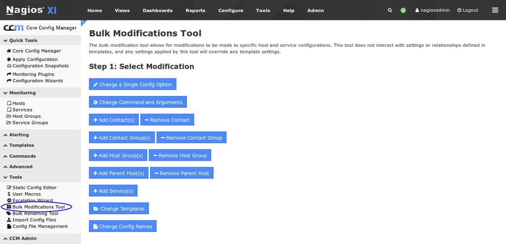 Bulk Modifications Tool When you need to update a configuration setting for multiple hosts you can use the Bulk Modifications Tool, which is located under the Tools menu.