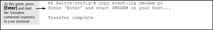 Example: To copy the event log to a PC connected to the switch: Figure 43 Sending event log content to a file on an attached PC Copying crash data content to a destination device (CLI) This command