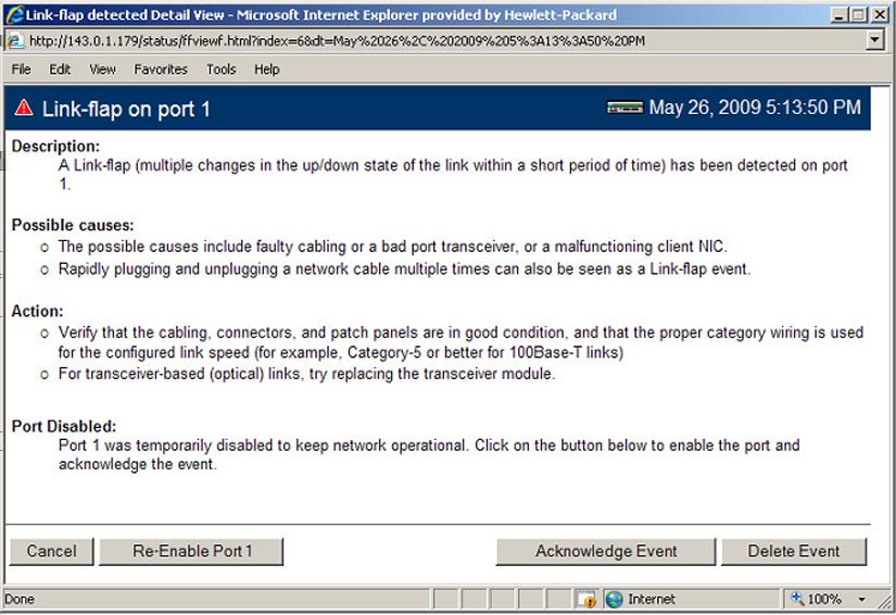 Within the Web Management interface, double-clicking an event on a port that was configured with warn-and-disable and that has met the threshold to trigger the disable action brings up a dialog box