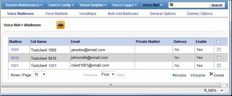 Voice Mail > Voice Mailboxes Selecting Voice Mail > Voice Mailboxes from the Web Config Main Menu opens the primary screen that you will use to add and manage individual Voice Mailboxes for your site.