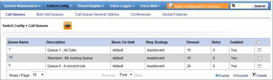 Switch Config > Call Queues Selecting Switch Config > Call Queues from the Web Config Main Menu displays a screen and sub-menus that you can use to define and manage Call Queues for your system.
