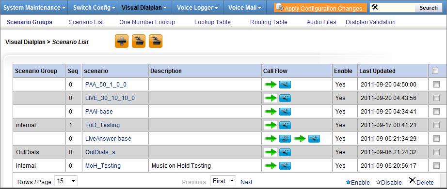 From the Visual Dialplan > Scenario List screen you can: Click to add a new Scenario to your system. (See Adding a Scenario, below.) Click (first) to batch import a list of Scenarios from an XML file.