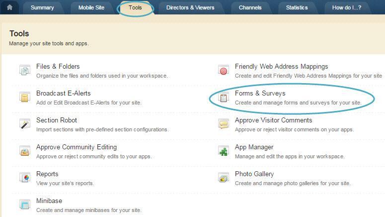 Blackboard Web Community Manager Forms & Surveys Access the Subsite Workspace Forms & Surveys Here s how you access the Subsite Workspace Forms & Surveys from the Tools tab. 1.