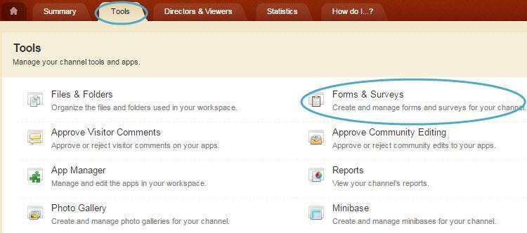 Forms & Surveys Blackboard Web Community Manager Access the Channel Workspace Forms & Surveys Here s how you access the Channel Workspace Forms & Surveys from the Tools tab. 1.