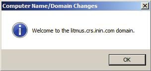 7. Click OK. The Computer Name/Domain Changes dialog box displays a message indicating that you must restart the computer to apply the changes. 8. Click OK. 9.