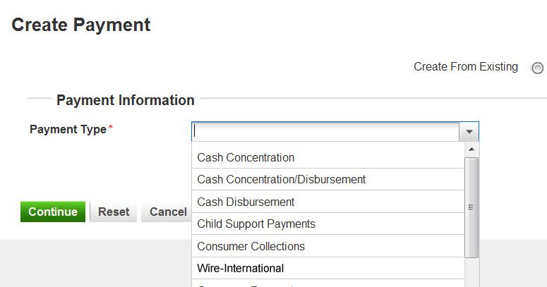 2 The Create Payment window is displayed. Select Wire-International from the drop-down menu. 3 4 5 6 When creating a template you will also see the following fields: A.