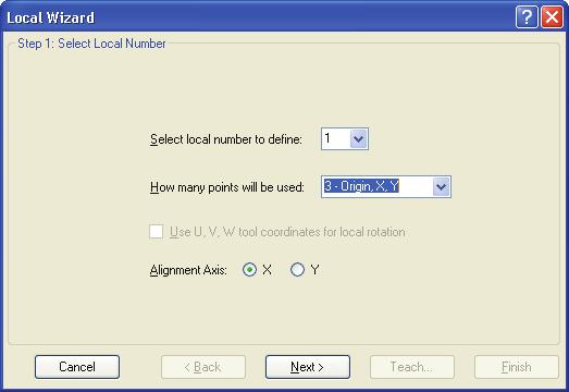 5. The EPSON RC+ 5.0 GUI Using the Local Wizard to teach a three point local 1. Open the Robot Manager and click on Locals to show the Locals page. 2. Click the Local Wizard button.