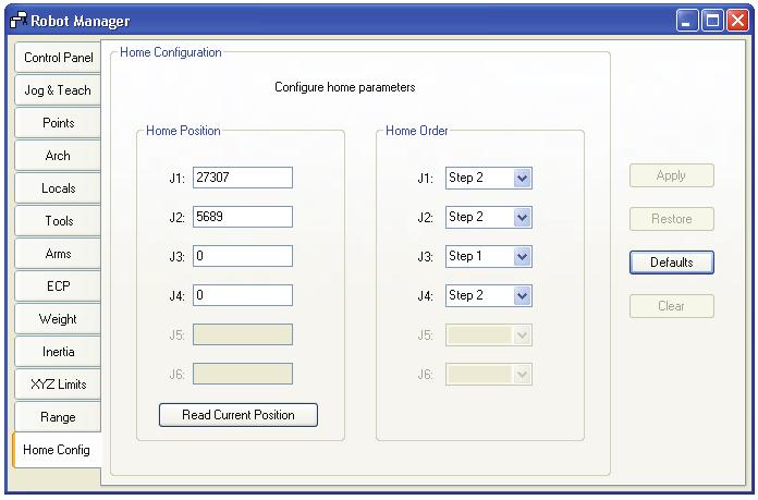 5. The EPSON RC+ 5.0 GUI Tools: Robot Manager: Home Config Page Home Config allows you to configure the optional user home position and home order used by the Home command.