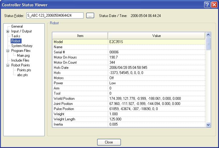 5. The EPSON RC+ 5.0 GUI View Controller Status Click the View Controller Status button to view the status data stored from a previous status export (see the Export Controller Status section above).