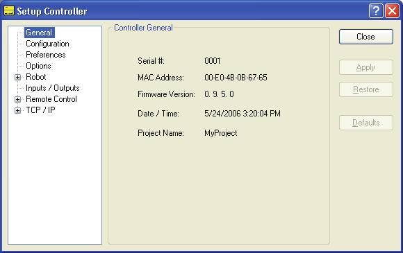 5. The EPSON RC+ 5.0 GUI 5.12.2 Controller Command (Setup Menu) The Controller command opens the Setup Controller dialog.