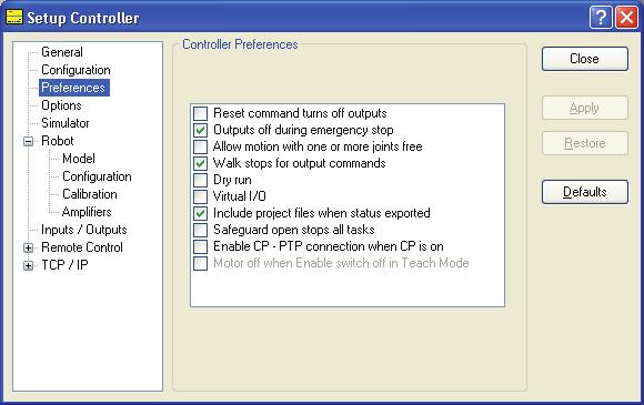 5. The EPSON RC+ 5.0 GUI Setup: Controller: Preferences Page This page contains controller preference settings.