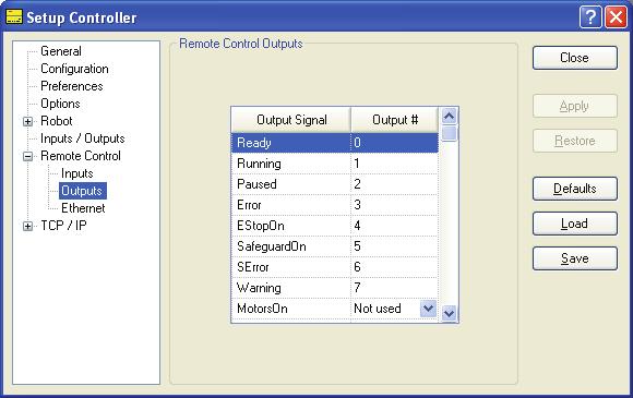 5. The EPSON RC+ 5.0 GUI Setup: Controller: Remote Control Outputs Page Use this page to configure the controller remote control outputs.