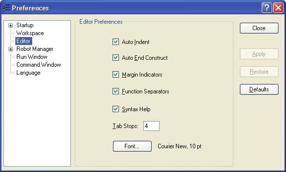5. The EPSON RC+ 5.0 GUI Setup: Preferences: Editor Page This page is used to configure your preferences for the program editor windows.