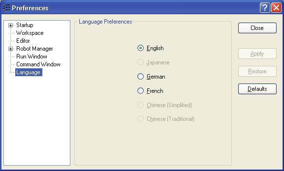 5. The EPSON RC+ 5.0 GUI Setup: Preferences: Language This page allows you to change the EPSON RC+ 5.0 GUI language. When EPSON RC+ 5.
