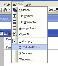 5. The EPSON RC+ 5.0 GUI 5.13.6 1, 2, 3 Command (Window Menu) A list of currently open document windows is displayed at the bottom of the Window Menu.