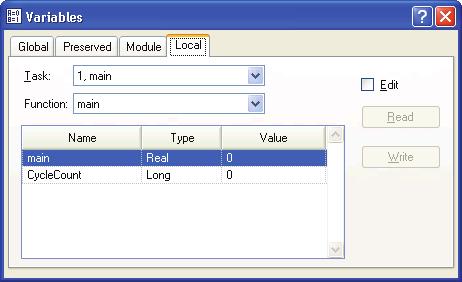 7. Building SPEL+ Applications 2. Select Display Variables from the Run Menu to display the variable display dialog. This dialog has three tabs for viewing Global, Module, and Local variables.