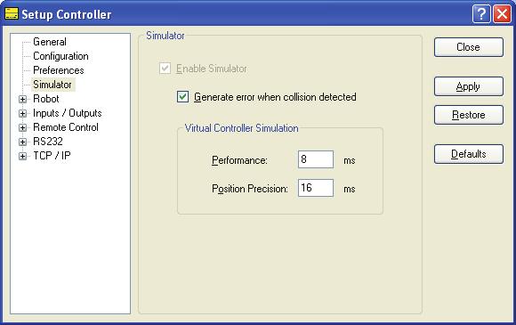 8. Simulator Generate error when collision is detected When you open the [Setup]-[Controller]-[Simulator] and check the [Generate error when collision detected] checkbox, if a collision is detected