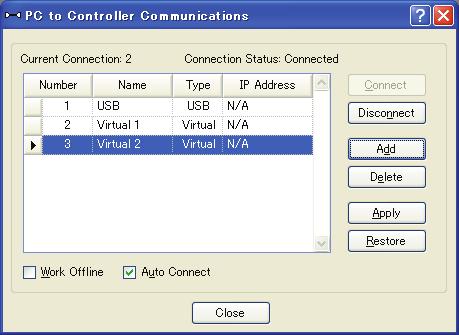 Create a new virtual controller Refer to 8.2.2 Working with a user created system. Copy the sample or configured virtual controller (1) Click the EPSON RC+ 5.0 Tool bar-<connection > button.