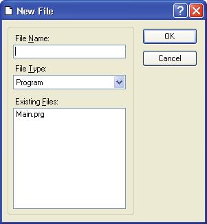 When the New command is selected, the New File dialog is opened. Shortcuts Toolbar: Item File Name File Type Existing Files OK Cancel Description Enter a name for the new file in this box.