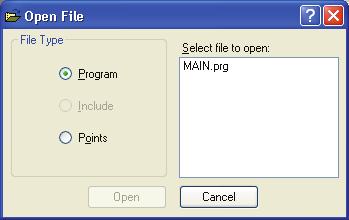 5. The EPSON RC+ 5.0 GUI 5.6.2 Open Command (File Menu) Open one or more files in the current project for editing. You can open program files, include files, or point files.