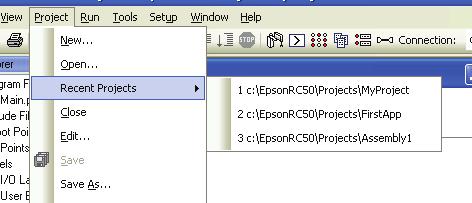 5. The EPSON RC+ 5.0 GUI 5.9.3 Recent Projects Submenu (Project Menu) The Recent Projects submenu contains up to eight of the most recently used projects.